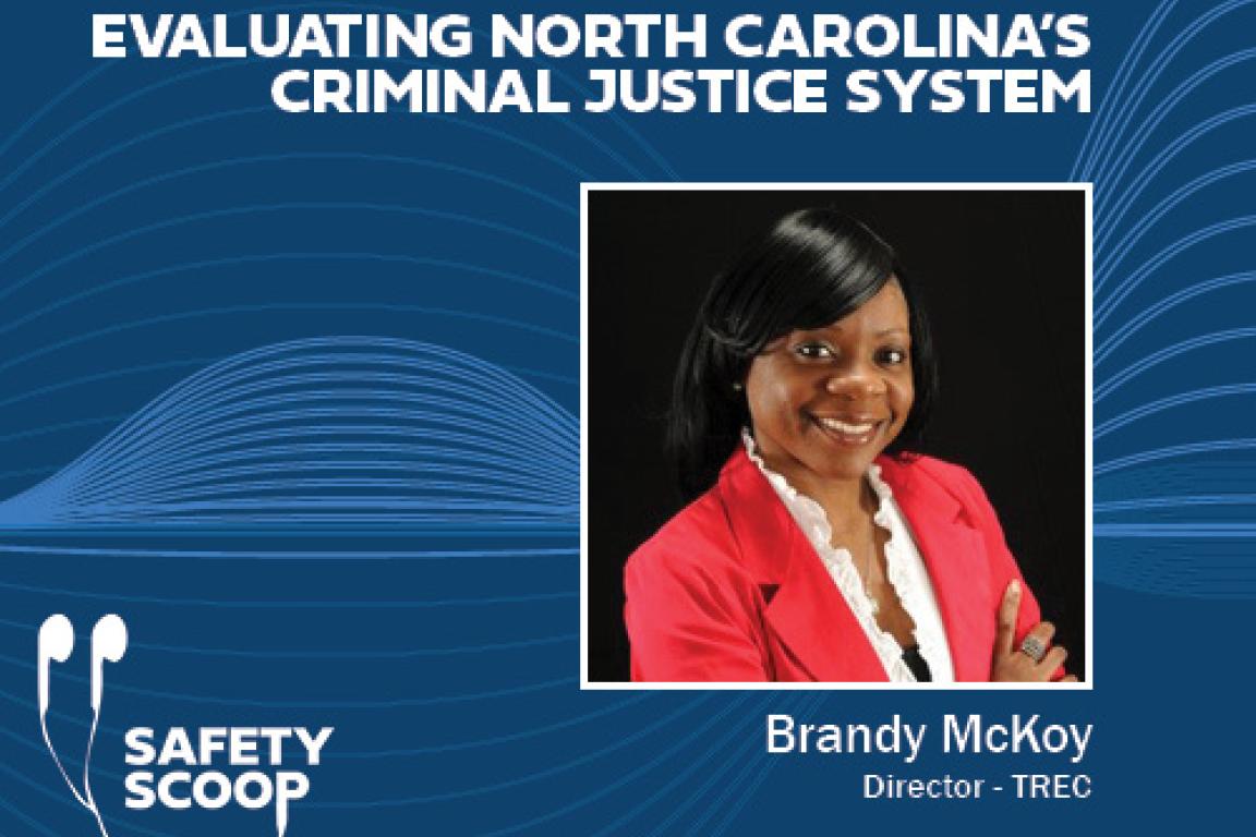 Blue graphic. Title: "Evaluating North Carolina's Criminal Justice System." Black female with red blazer. Brandy McKoy, Director - TREC.